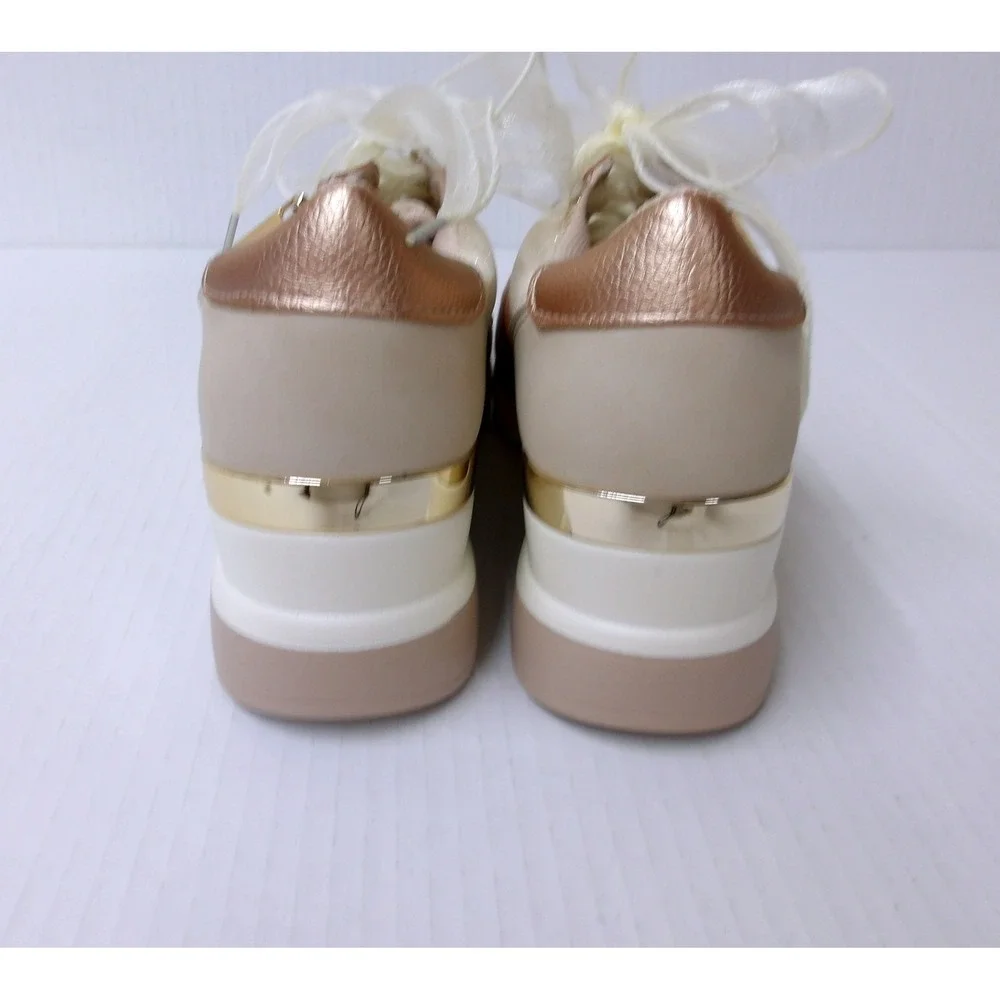 Beige Rose Gold Glitter Wedge Sneakers Ribbon‎ Laces Platform Shoes /#26709
